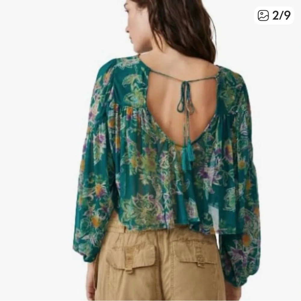 Free People Up For Anything Green Floral Blouse